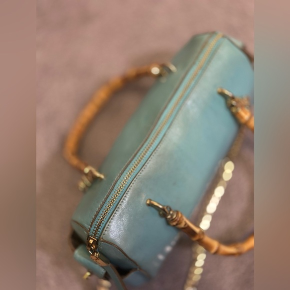 MONSAC Blue Genuine Leather Gold Accent Mini Barrel Bag with Bamboo Handles - Picture 3 of 9